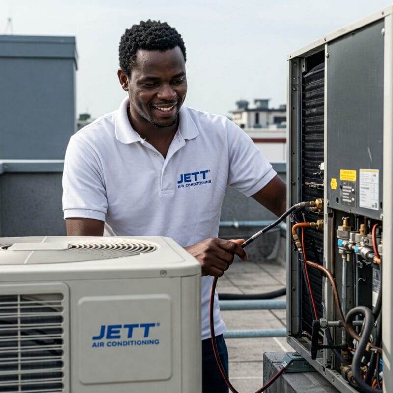 JETT F-gas engineer servicing rooftop AC unit