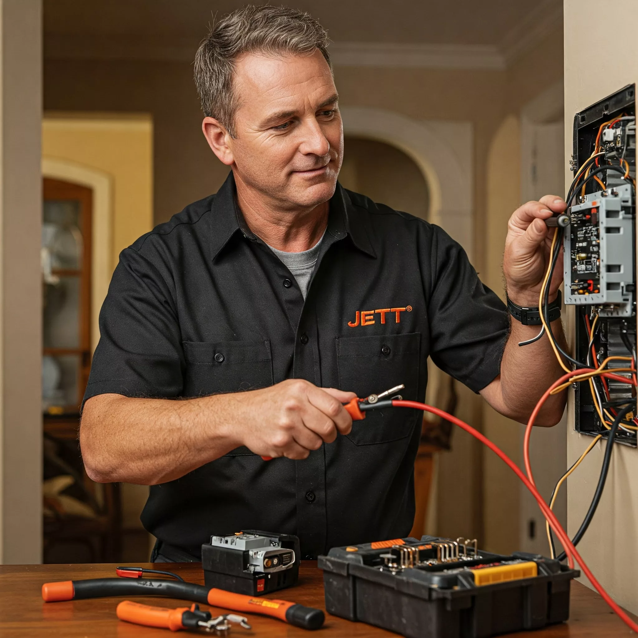 JETT Electrician inspecting electrical wiring in a home.
