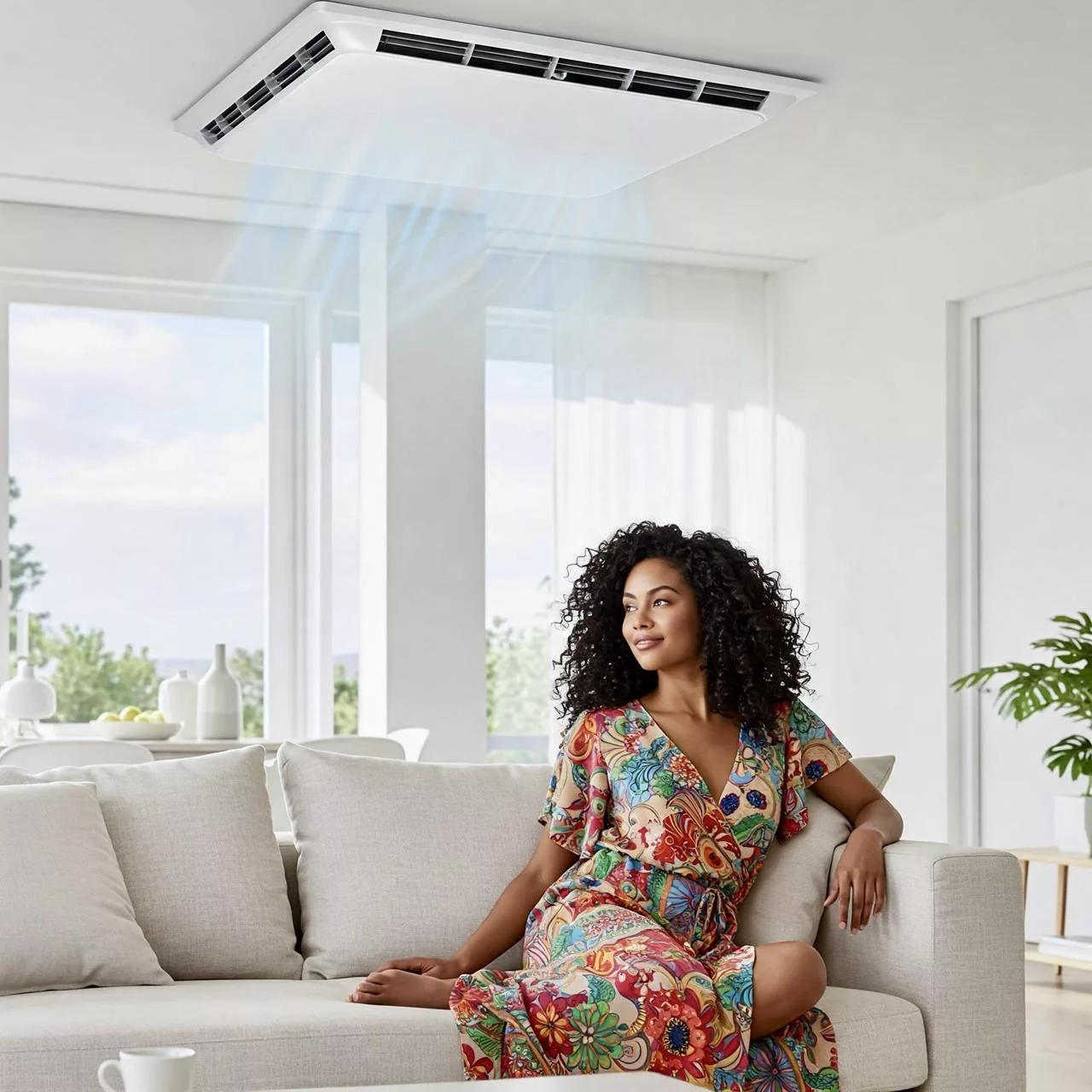 Home interior with woman on sofa and JETT cassette AC unit.