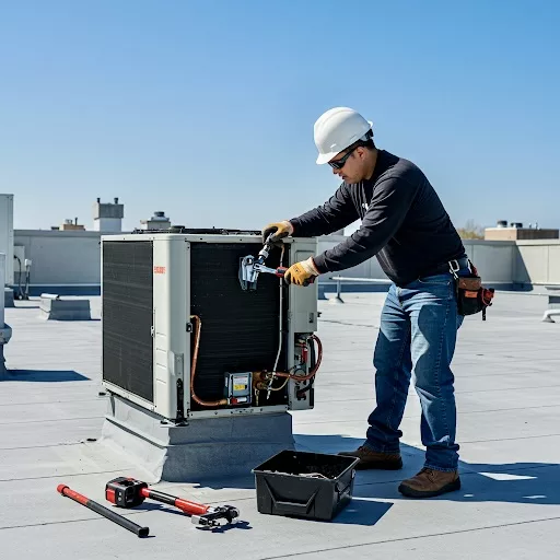 JETT technician decommissioning rooftop AC unit