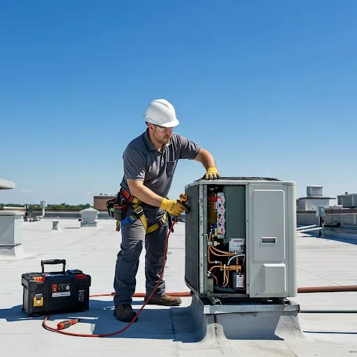 JETT technician repairing AC leak on rooftop